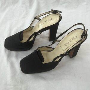 Prada platform shoes pumps sling back black satin sz 36.5 square toe sz 6.5